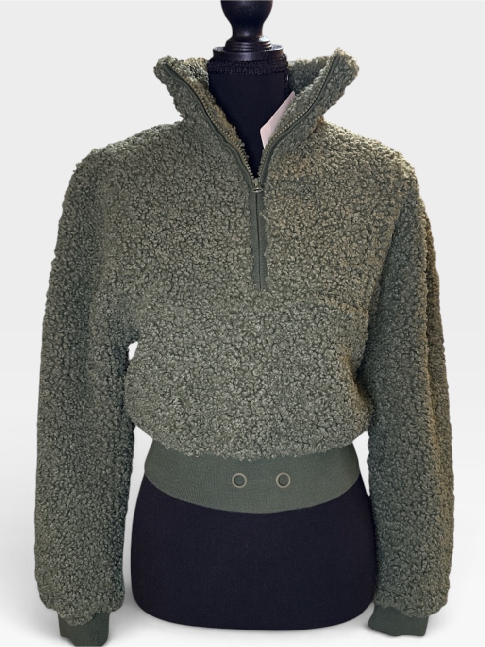 For Love And Lemons Olive Green Sherpa Half-Zip Cowl Sweater